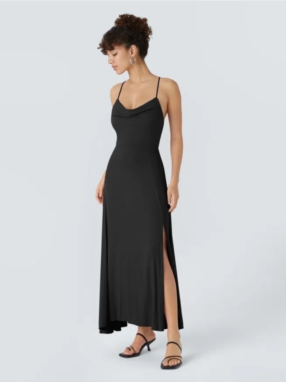 NWOT HALARA Black Ribbed Cowl Neck Lace Up Midi Dress Halter Size Small (212)